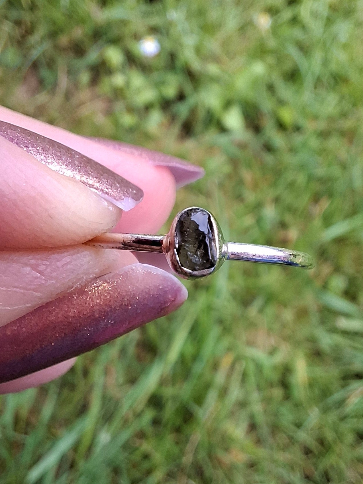 Moldavite Ring, size small P, 925 Silver, Tektite (Ref: R42)