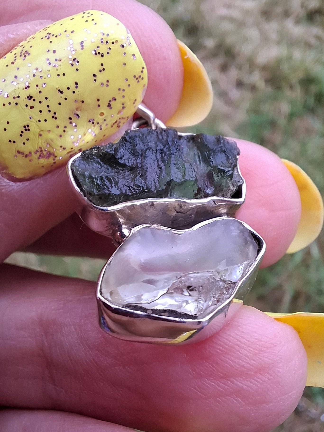 Moldavite & Libyan Desert Glass Pendant, 925 Silver, Tektite (Ref: MLP5)