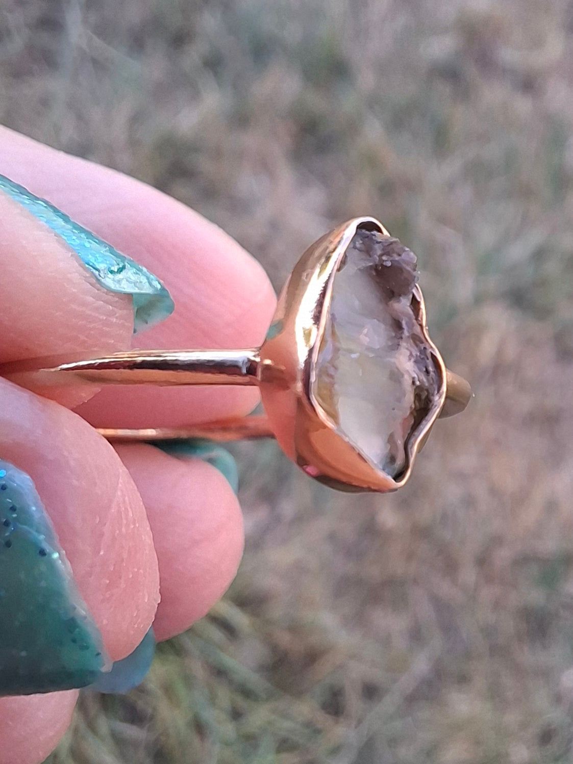 Moldavite Ring, 14K GOLD Plated, size large T, Tektite (Ref: R347)