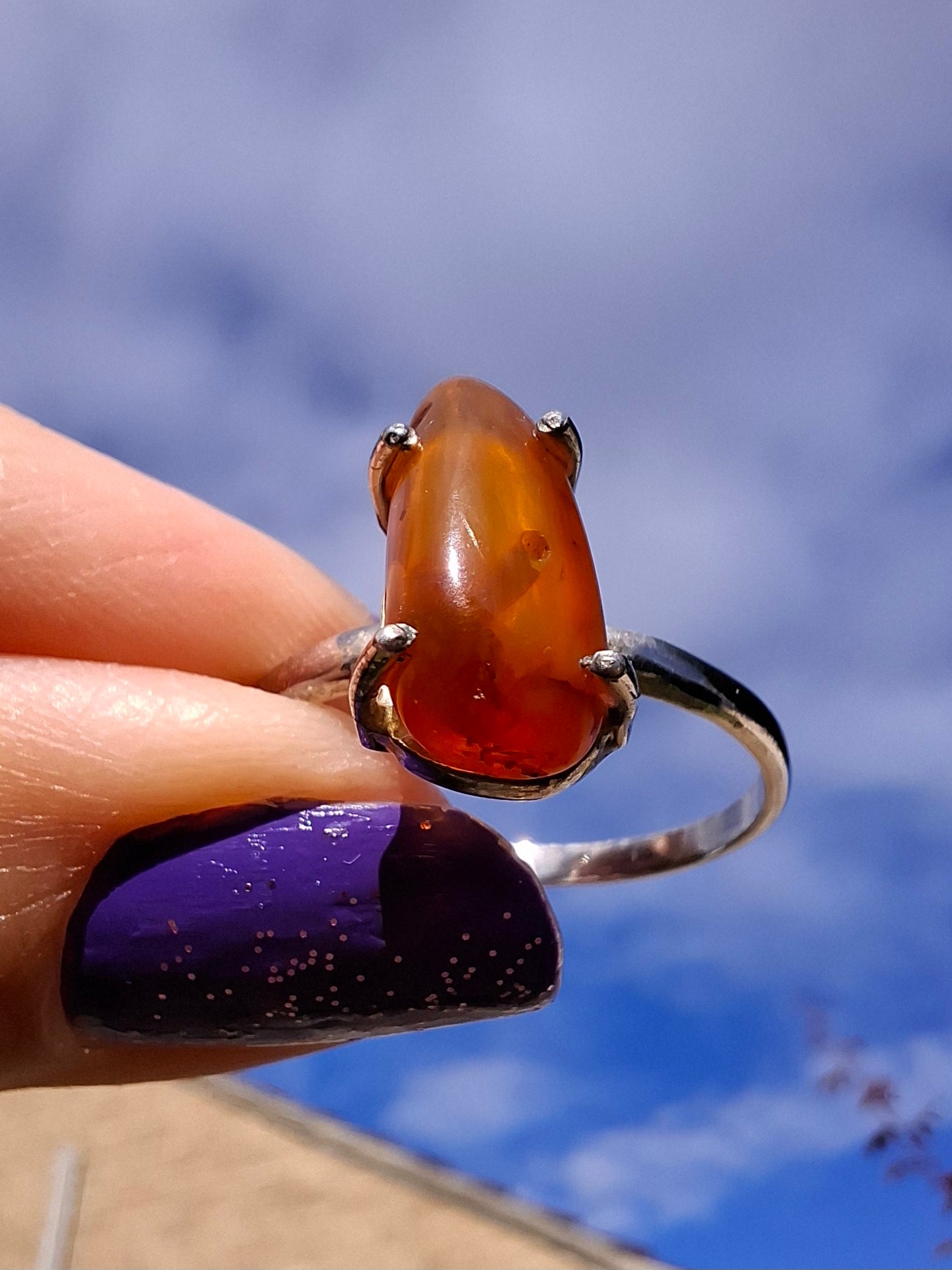 Baltic Amber Ring, size large V, 925 Silver, Fossil (Ref: AR23)