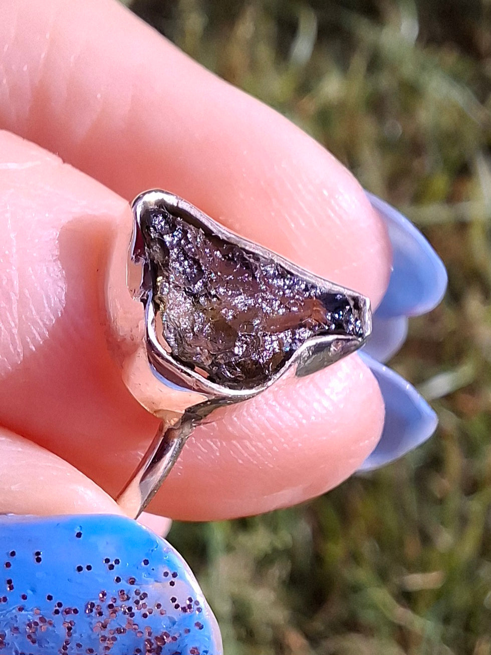Moldavite Ring, size large M, 925 Silver, Tektite (Ref: R23)