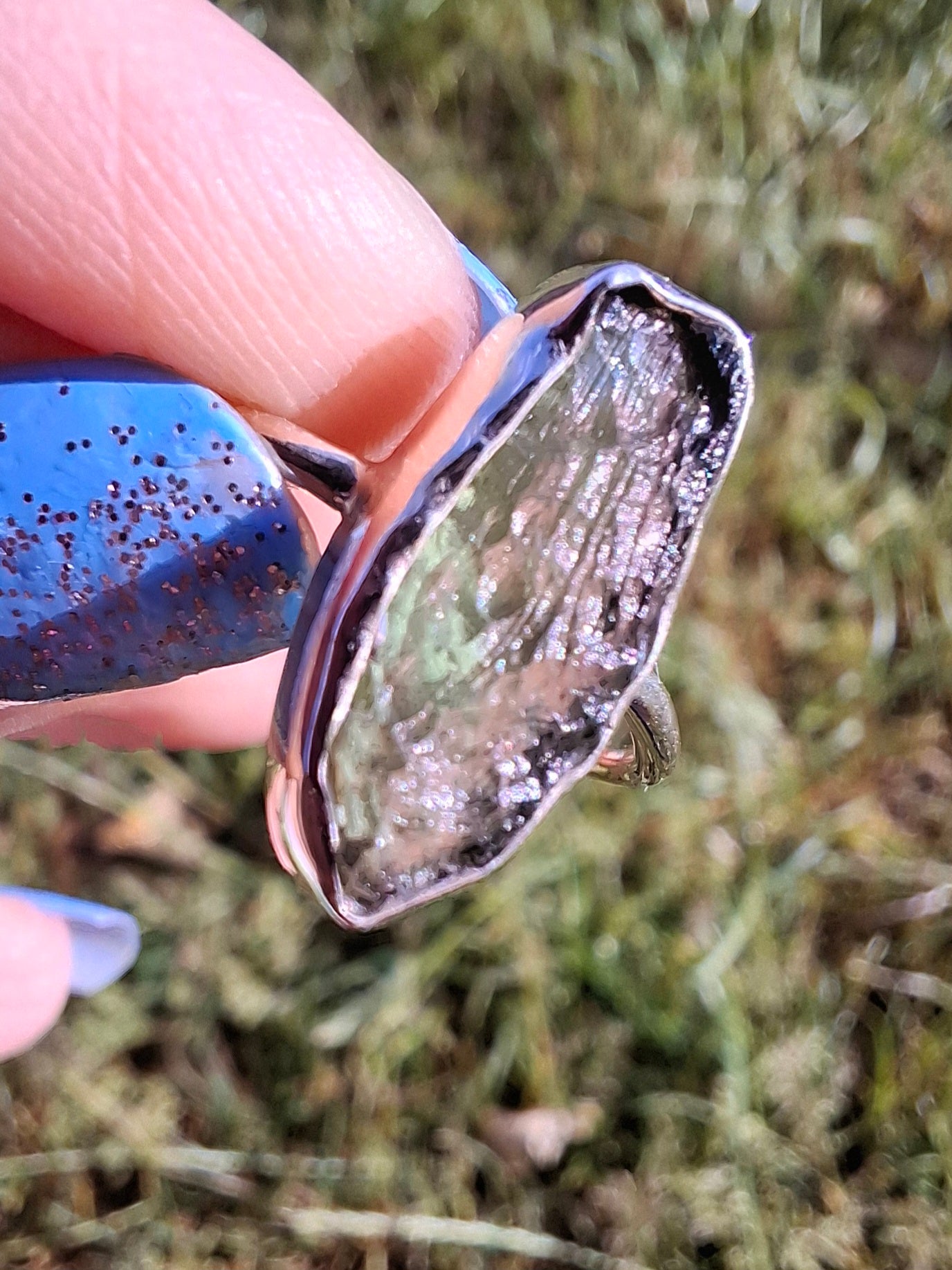 Moldavite Ring, size large R, 925 Silver, Tektite (Ref: R27)
