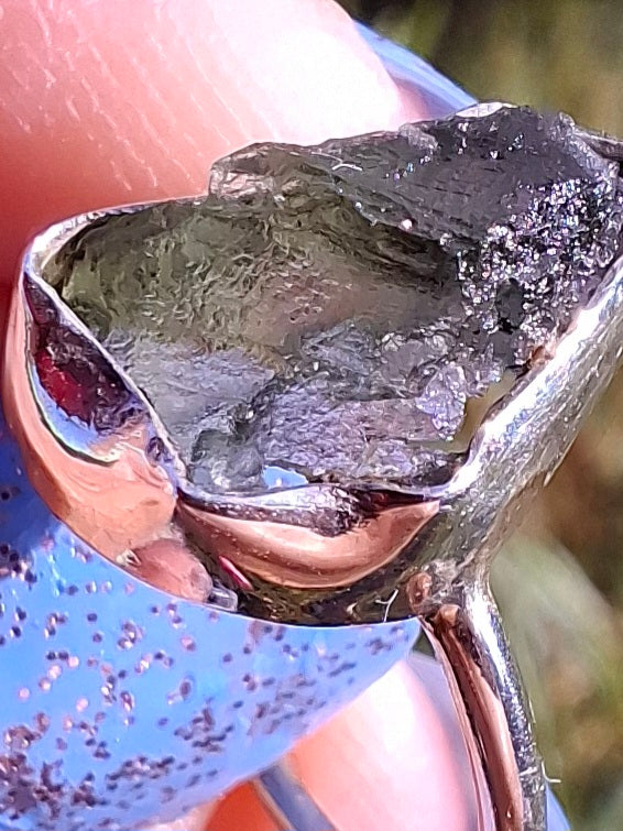 Moldavite Ring, size large G/small H, 925 Silver, Tektite (Ref: R19)