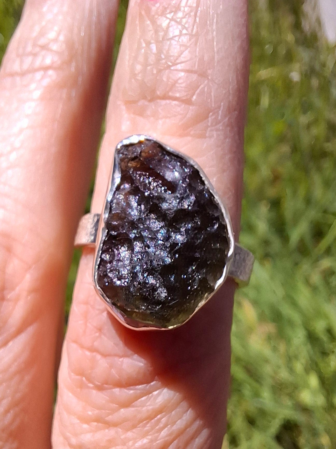 Moldavite Ring, size O, 925 Silver, Tektite (Ref: R311)