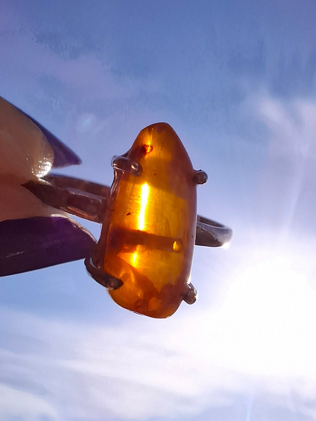 Baltic Amber Ring, size large V, 925 Silver, Fossil (Ref: AR23)