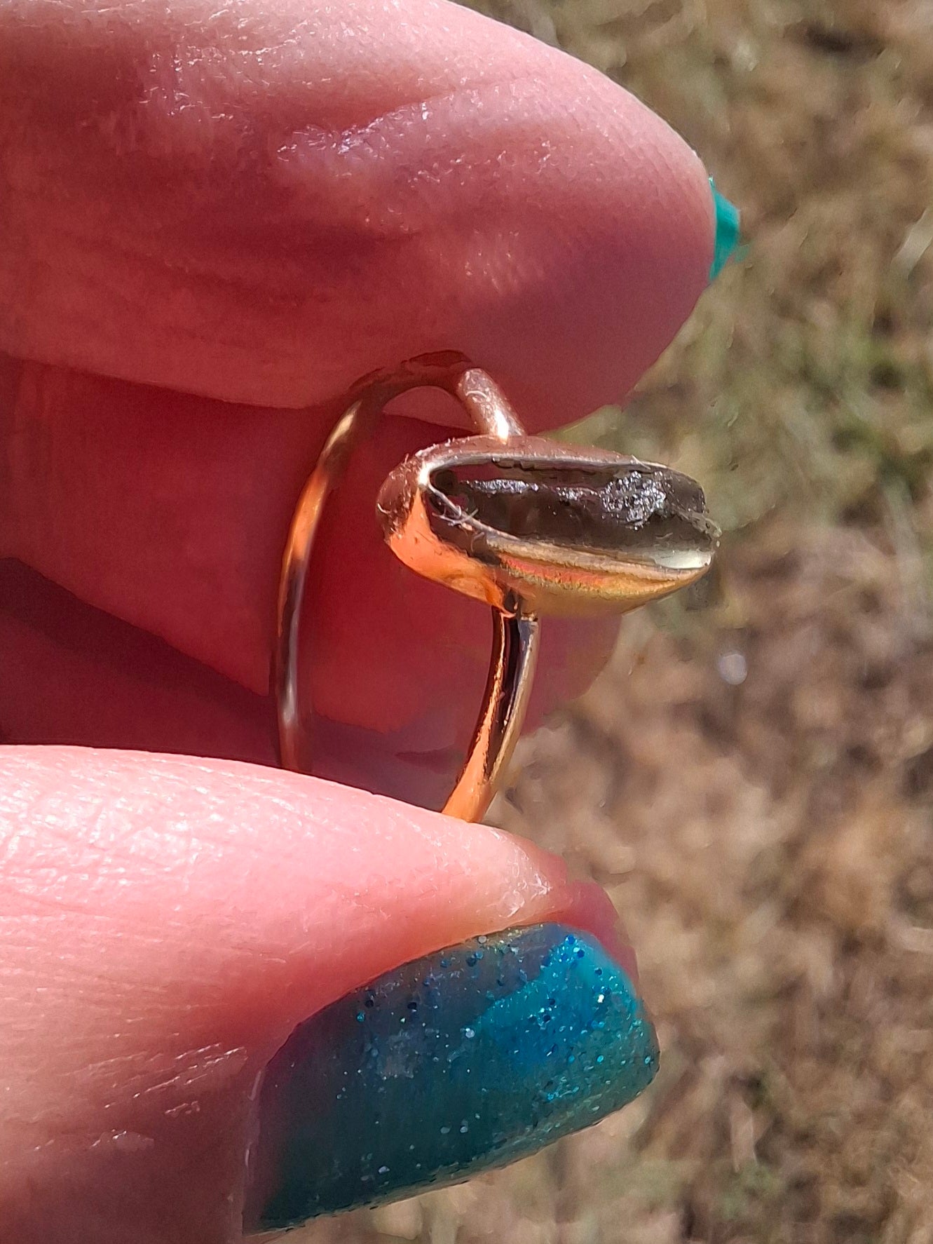 Moldavite Ring, 14K GOLD Plated, size large K / small L, Tektite (Ref: R335)