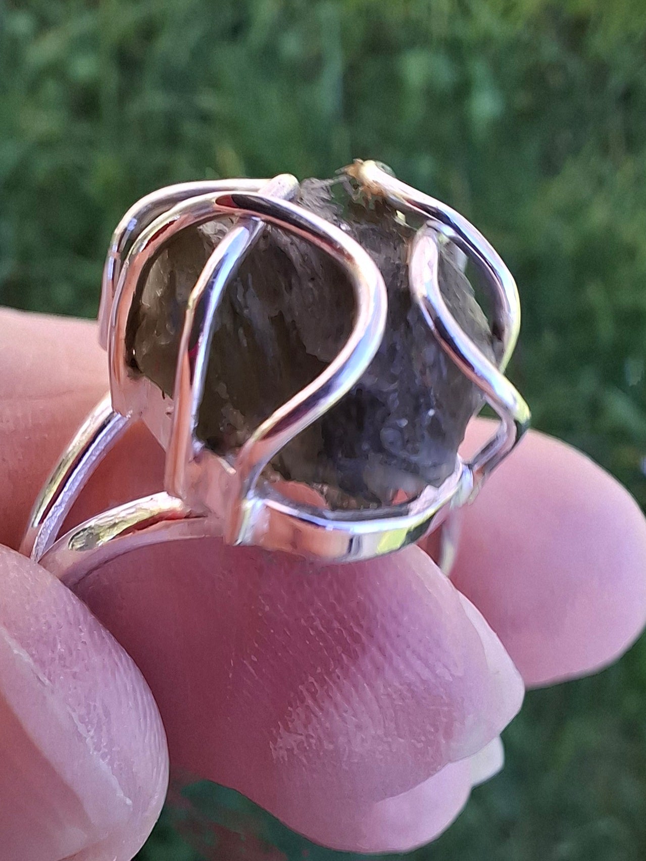 Moldavite Ring, size S, 925 Silver, Tektite (Ref: R12)