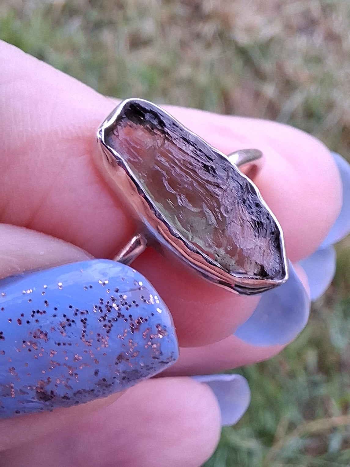 Moldavite Ring, size large R, 925 Silver, Tektite (Ref: R27)