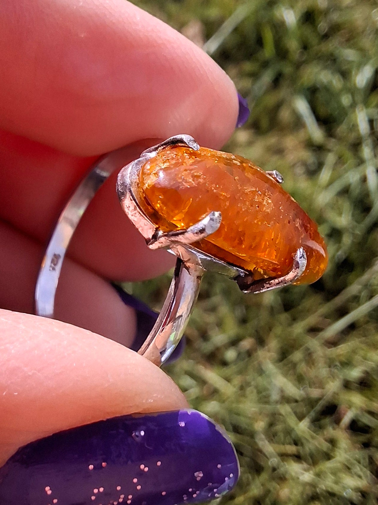 Baltic Amber Ring, size large T/small U, 925 Silver, Fossil (Ref: AR19)