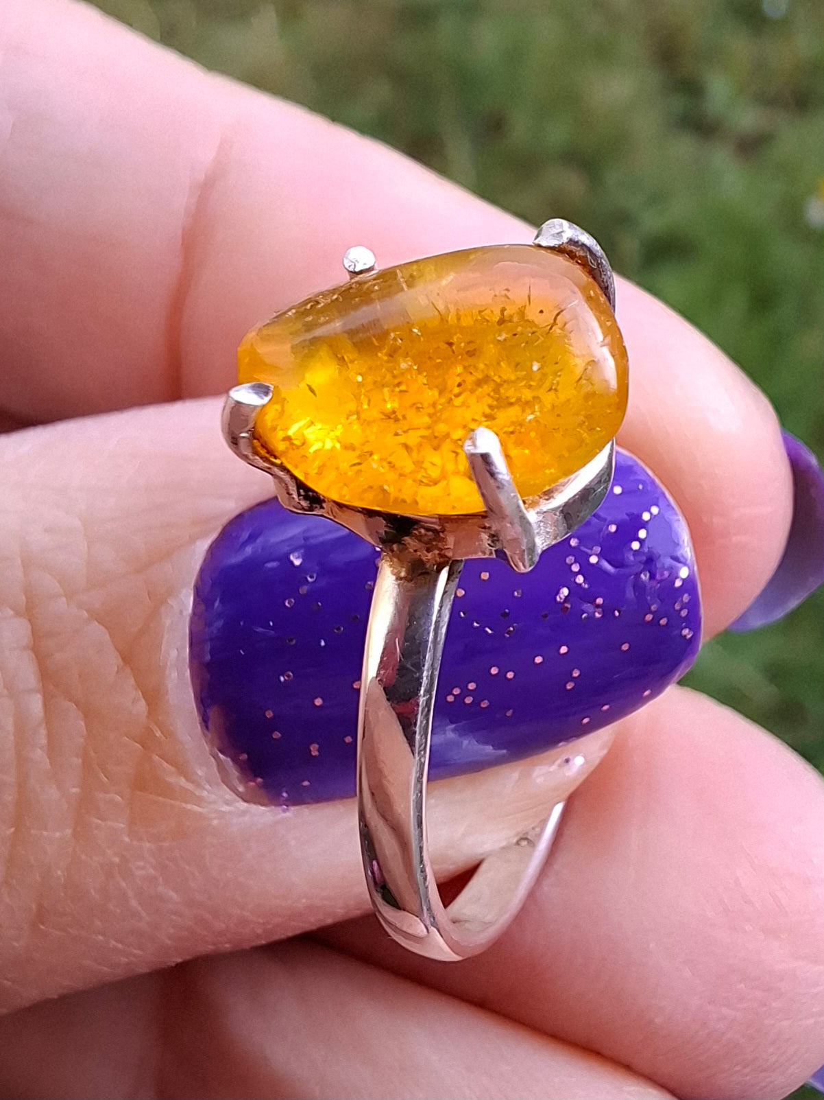 Baltic Amber Ring, size large O, 925 Silver, Fossil (Ref: AR12)