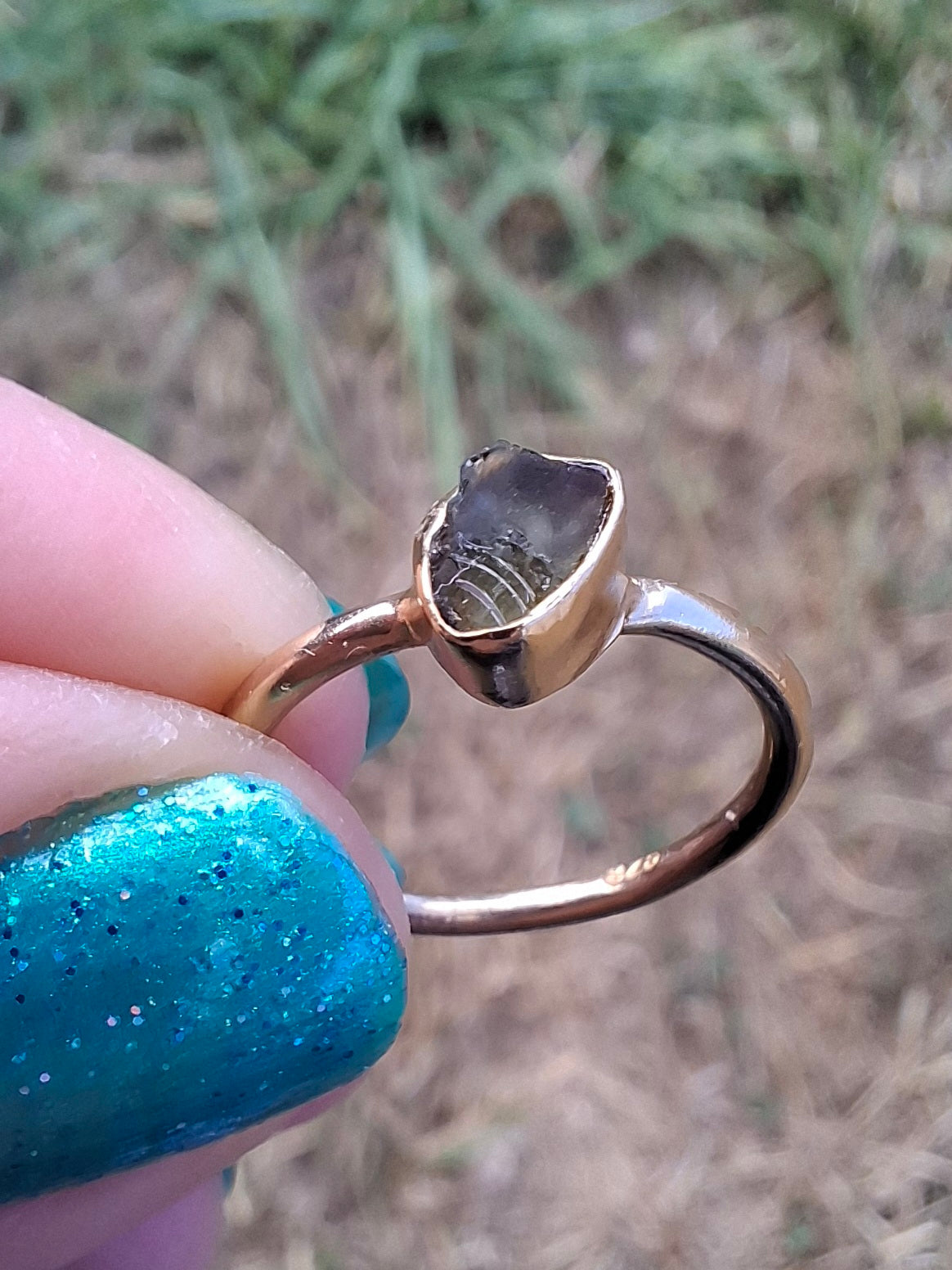 Moldavite Ring, 14K GOLD Plated, size large G / small H, Tektite (Ref: R334)