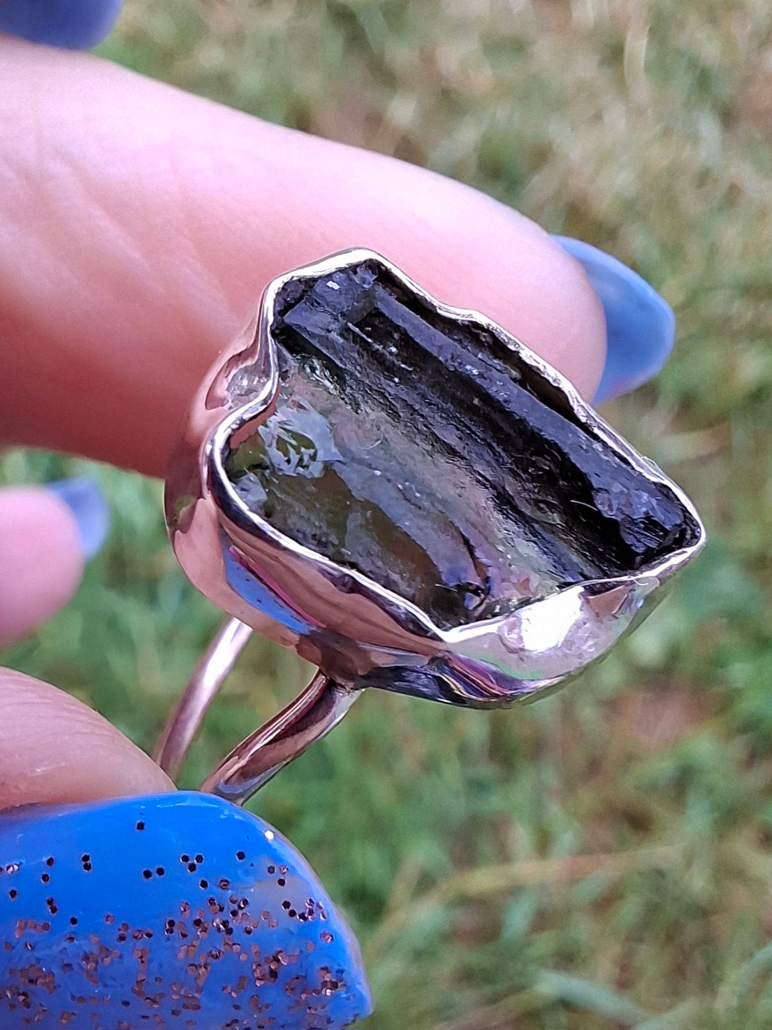 Moldavite Ring, size large N, 925 Silver, Tektite (Ref: R25)