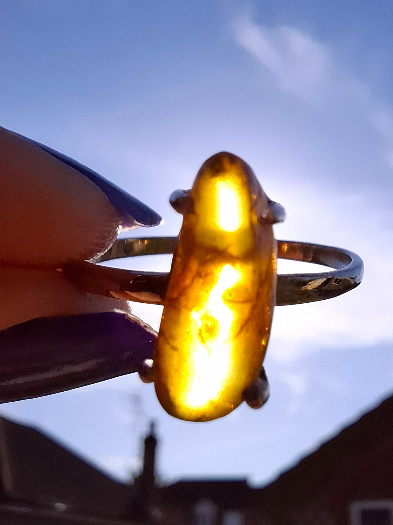 Baltic Amber Ring, size large V, 925 Silver, Fossil (Ref: AR25)