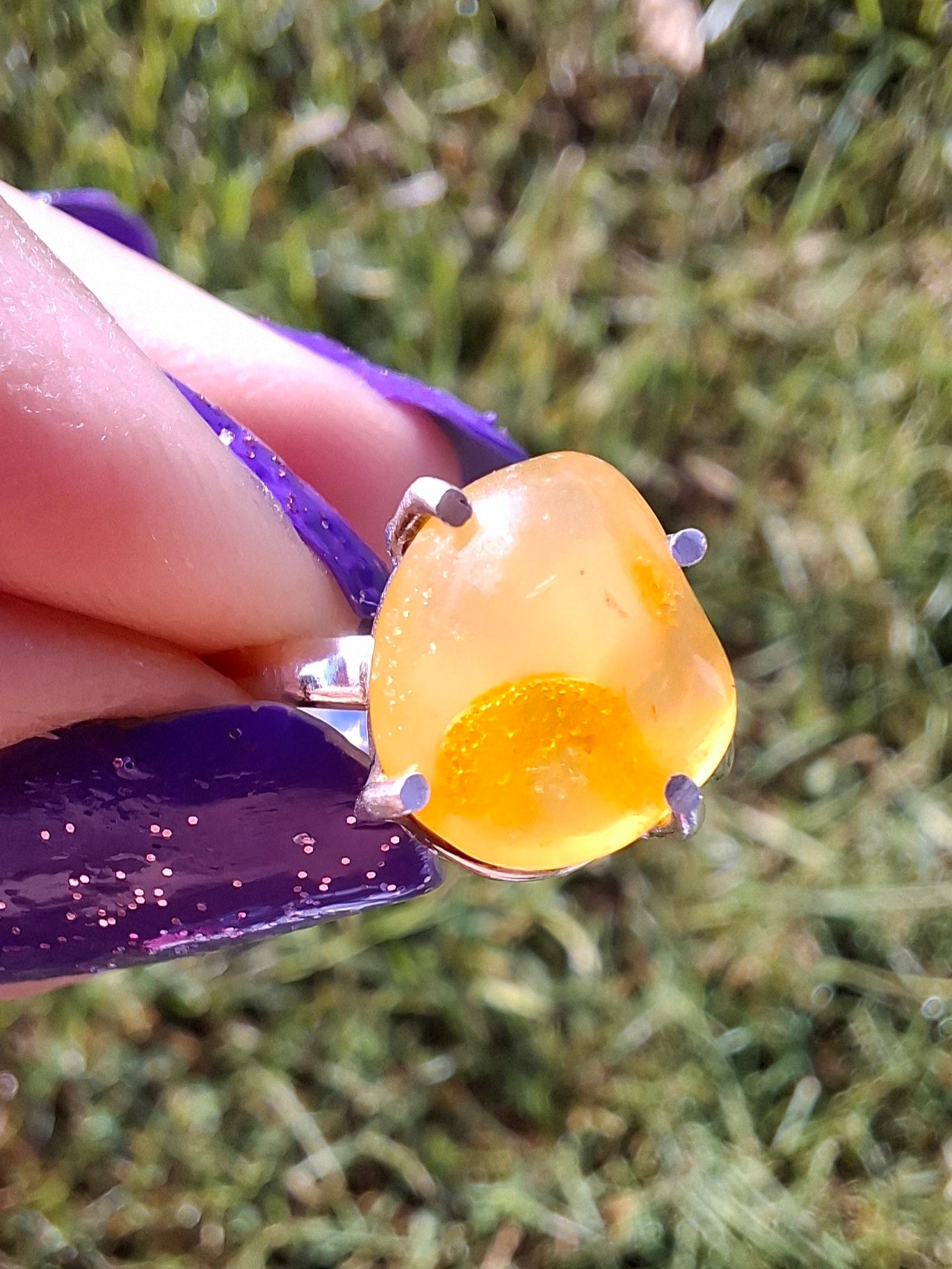 Baltic Amber Ring, size large L, 925 Silver, Fossil (Ref: AR2)