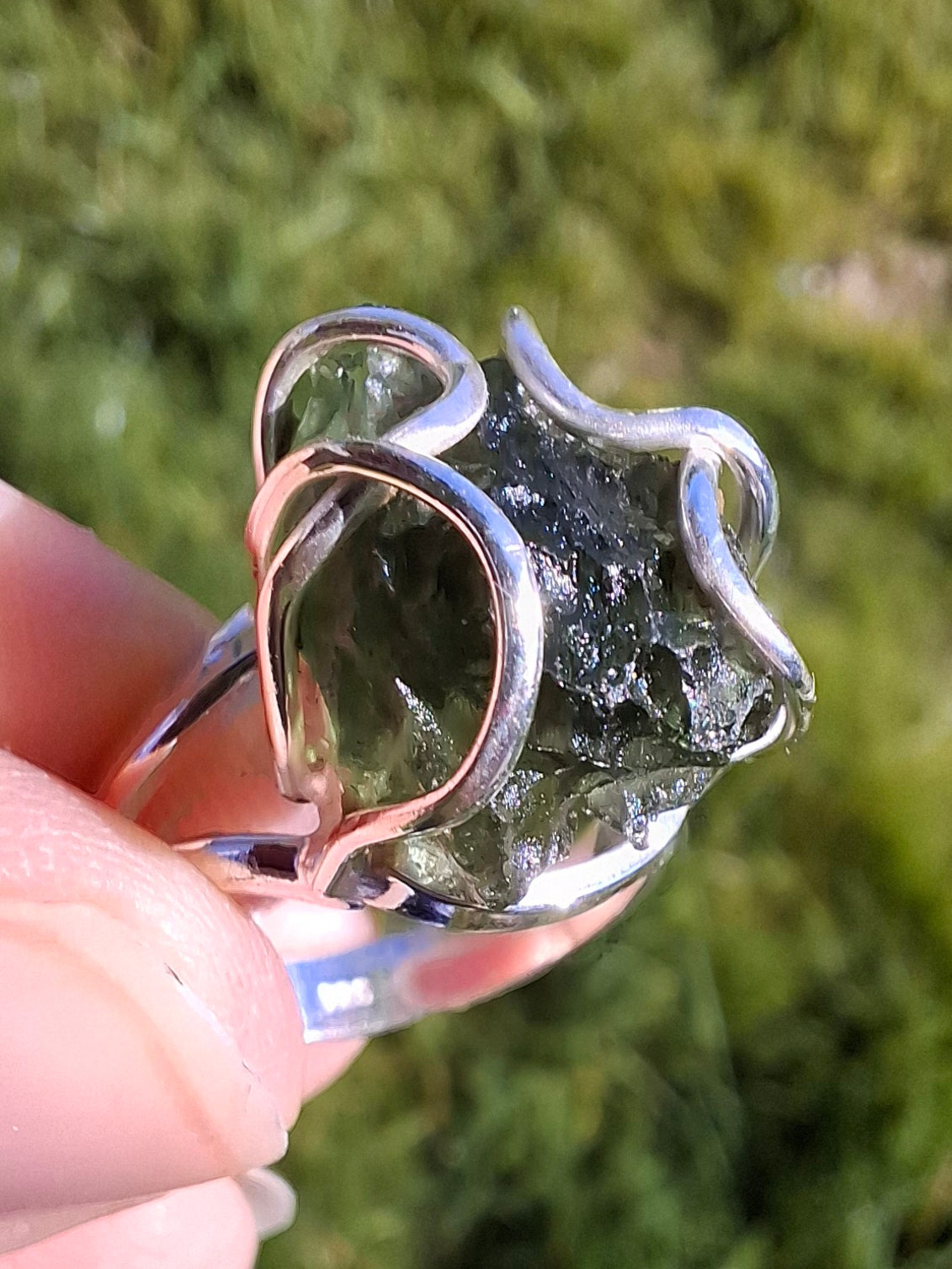 Moldavite Ring, size O, 925 Silver, Tektite (Ref: R7)