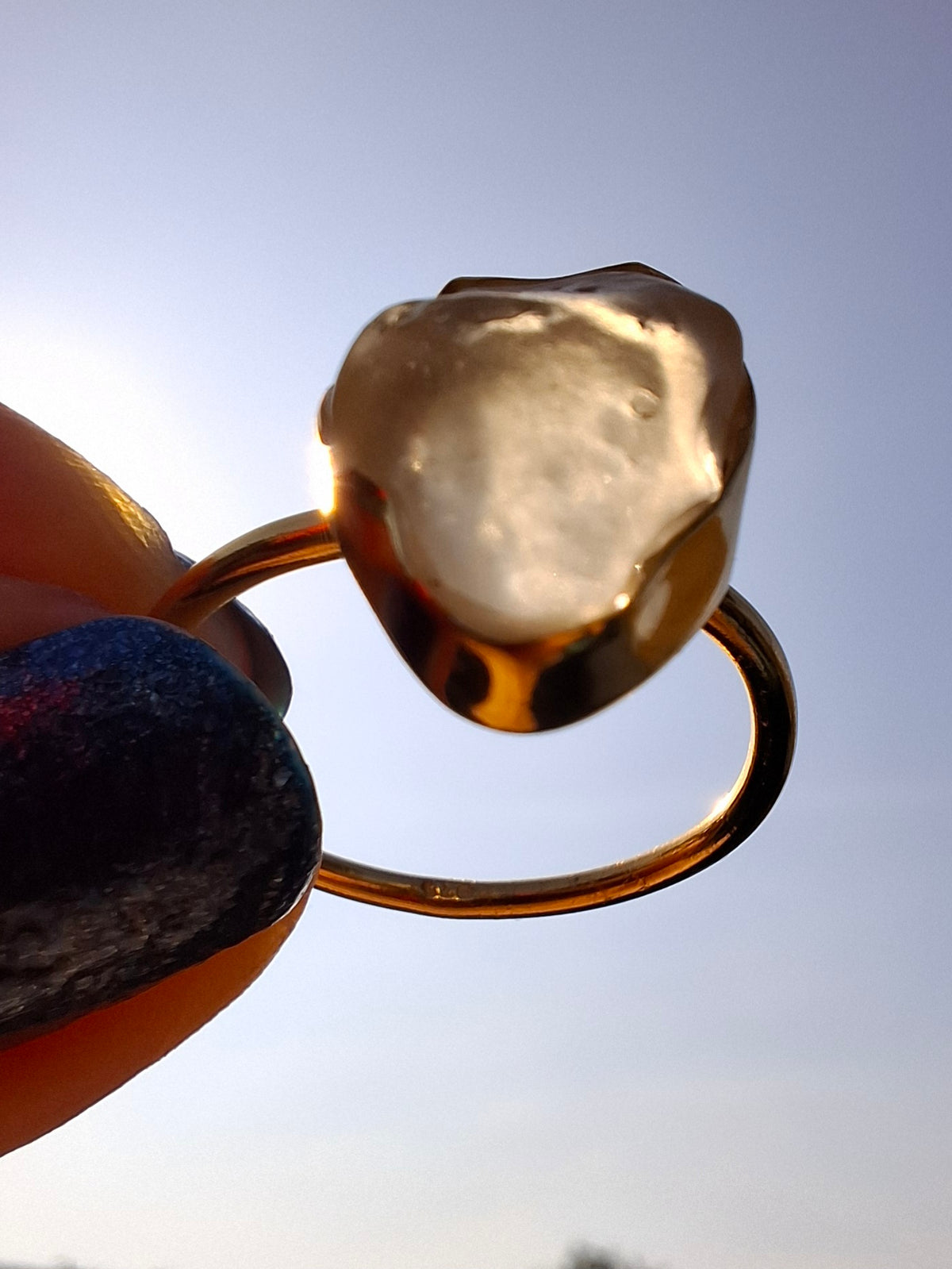 Libyan Desert Glass Ring, 14K GOLD Plated, size large P/small Q, Tektite (Ref: LR73)