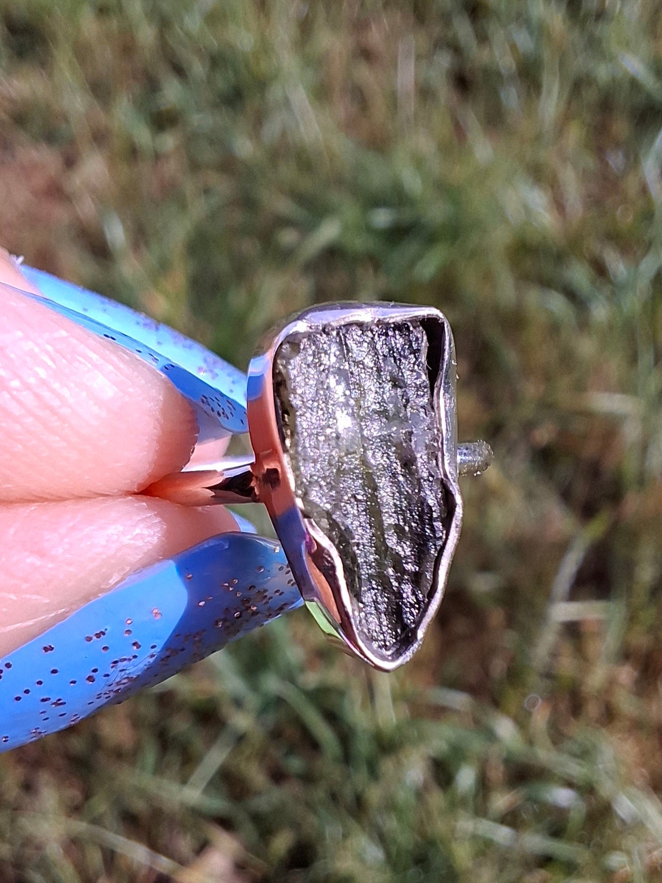 Moldavite Ring, size Large G, 925 Silver, Tektite (Ref: R18)