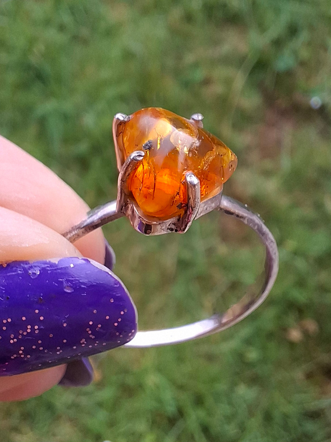 Baltic Amber Ring, size large Y, 925 Silver, Fossil (Ref: AR40)