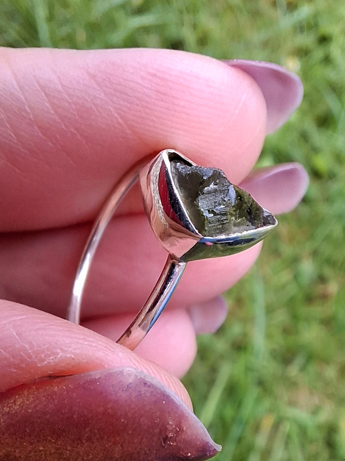 Moldavite Ring, size large K/small L, 925 Silver, Tektite (Ref: R57)
