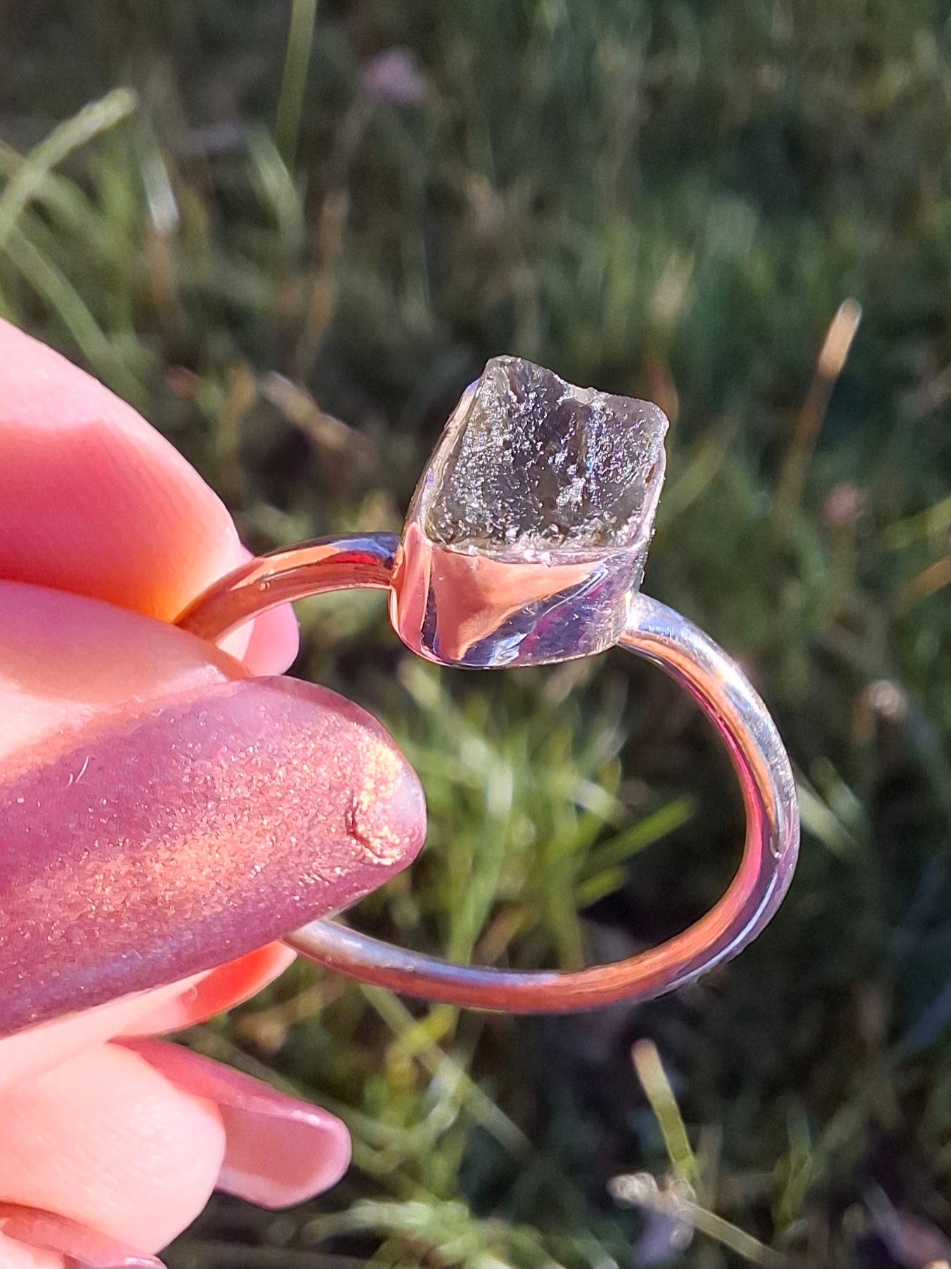 Moldavite Ring, size small W, 925 Silver, Tektite (Ref: R59)