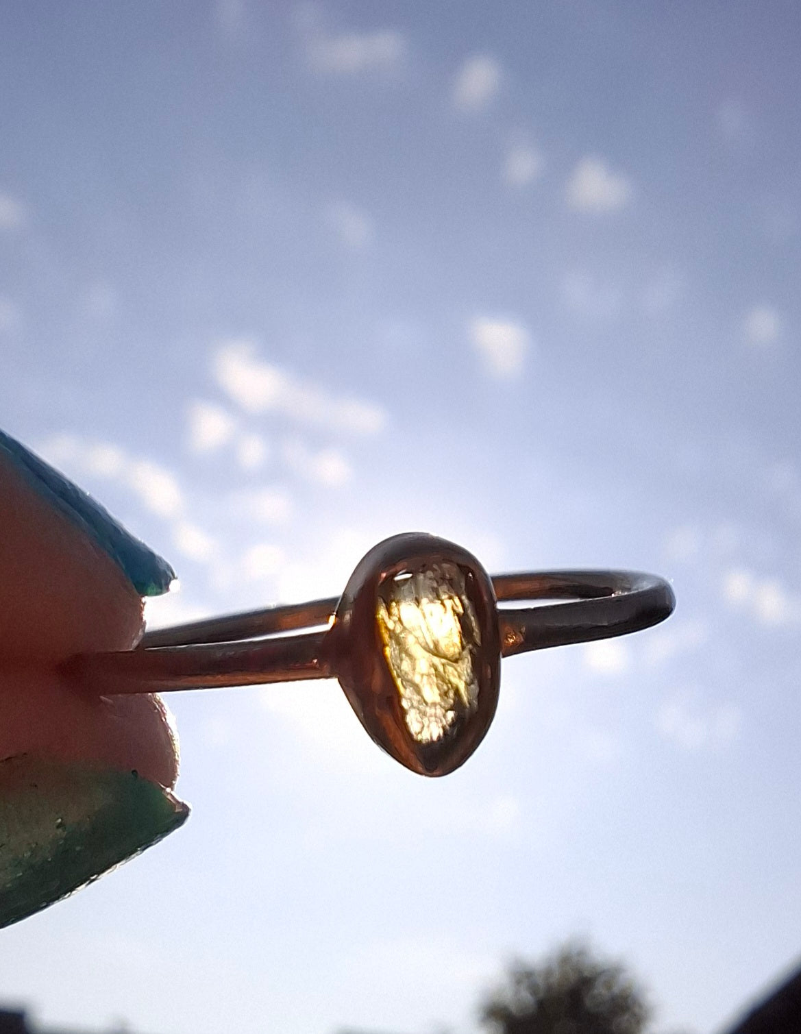 Moldavite Ring, 14K GOLD Plated, size large S, Tektite (Ref: R345)
