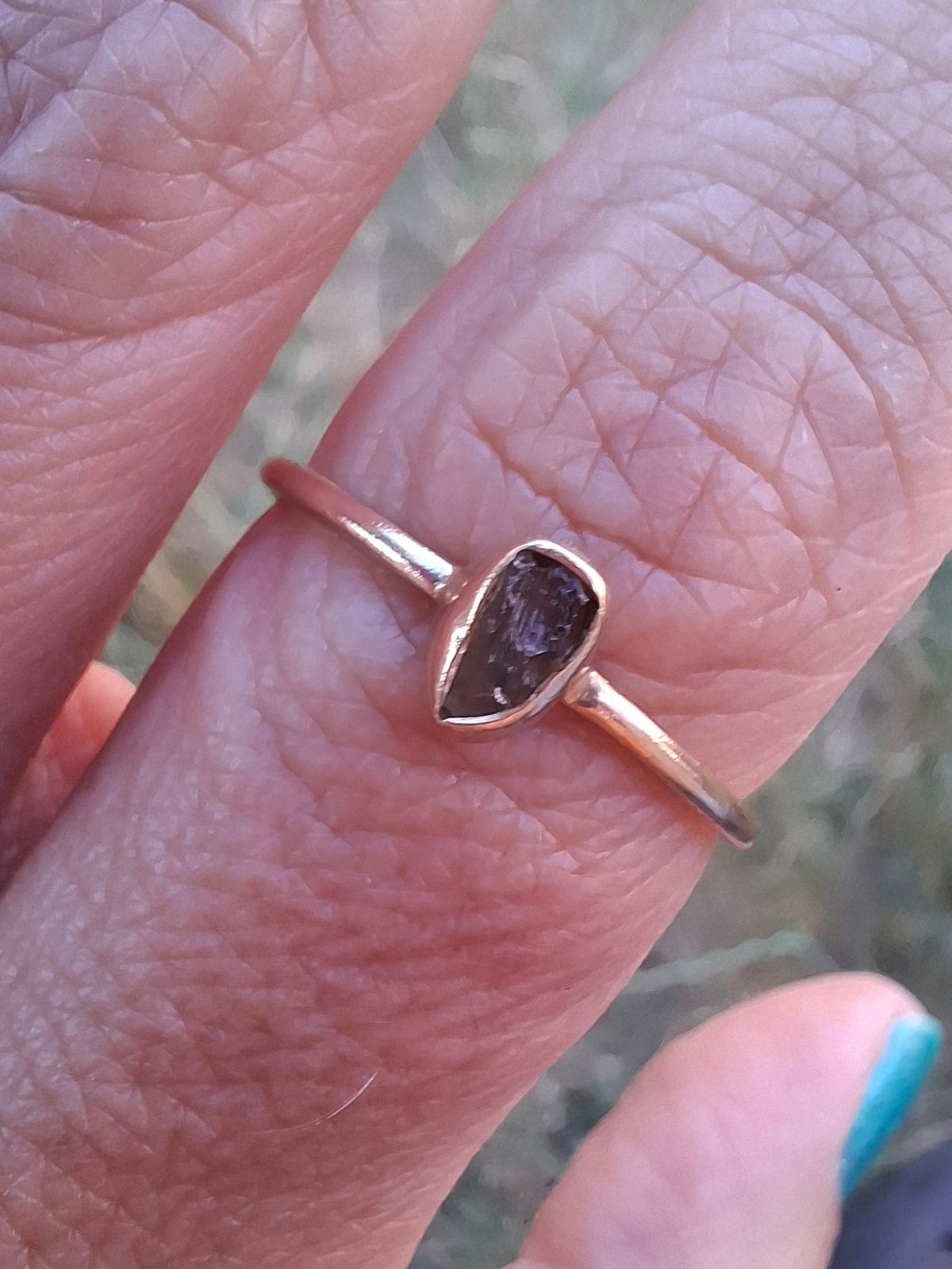 Moldavite Ring, 14K GOLD Plated, size large S, Tektite (Ref: R345)
