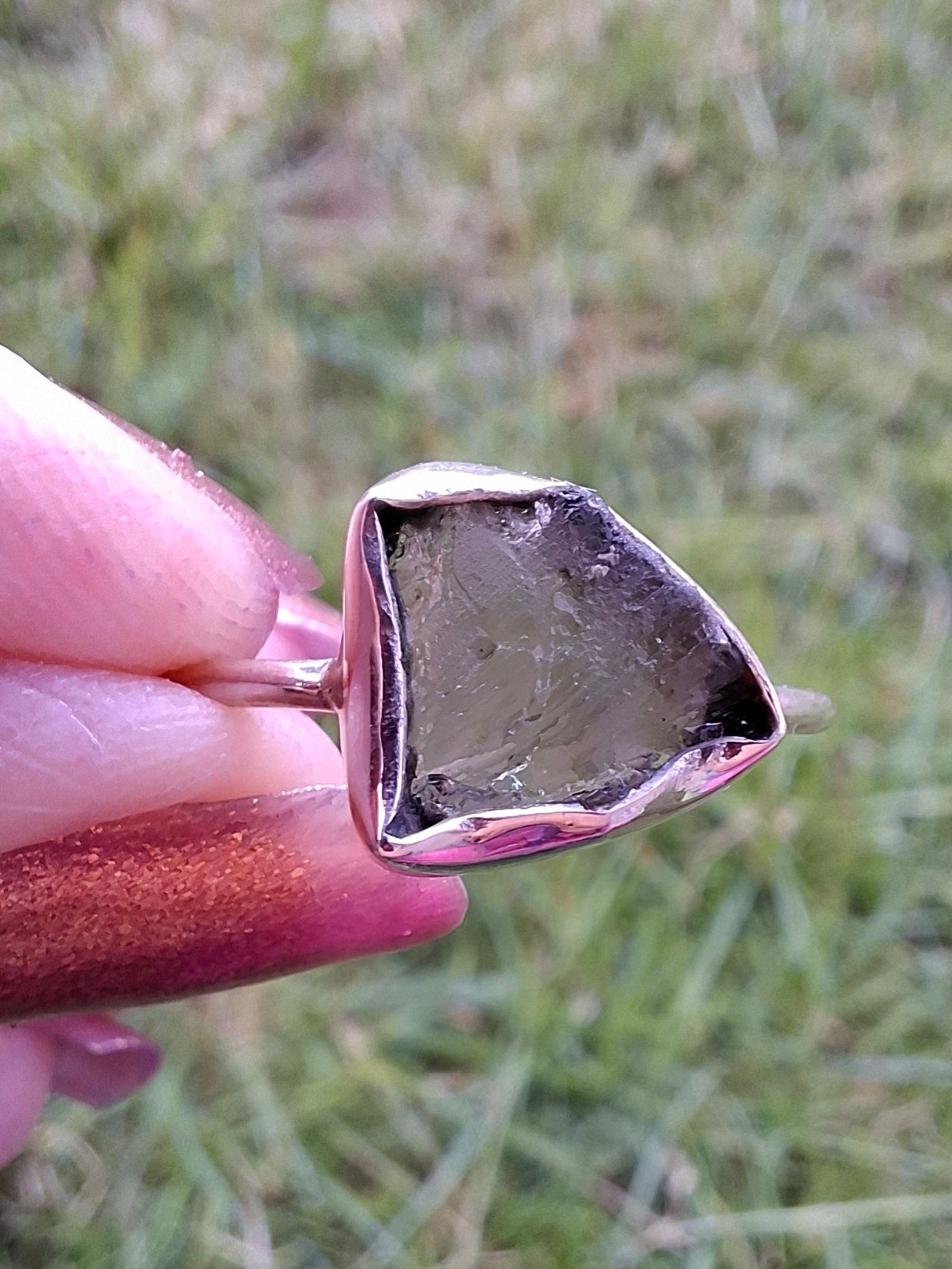 Moldavite Ring, size large T, 925 Silver, Tektite (Ref: R28)