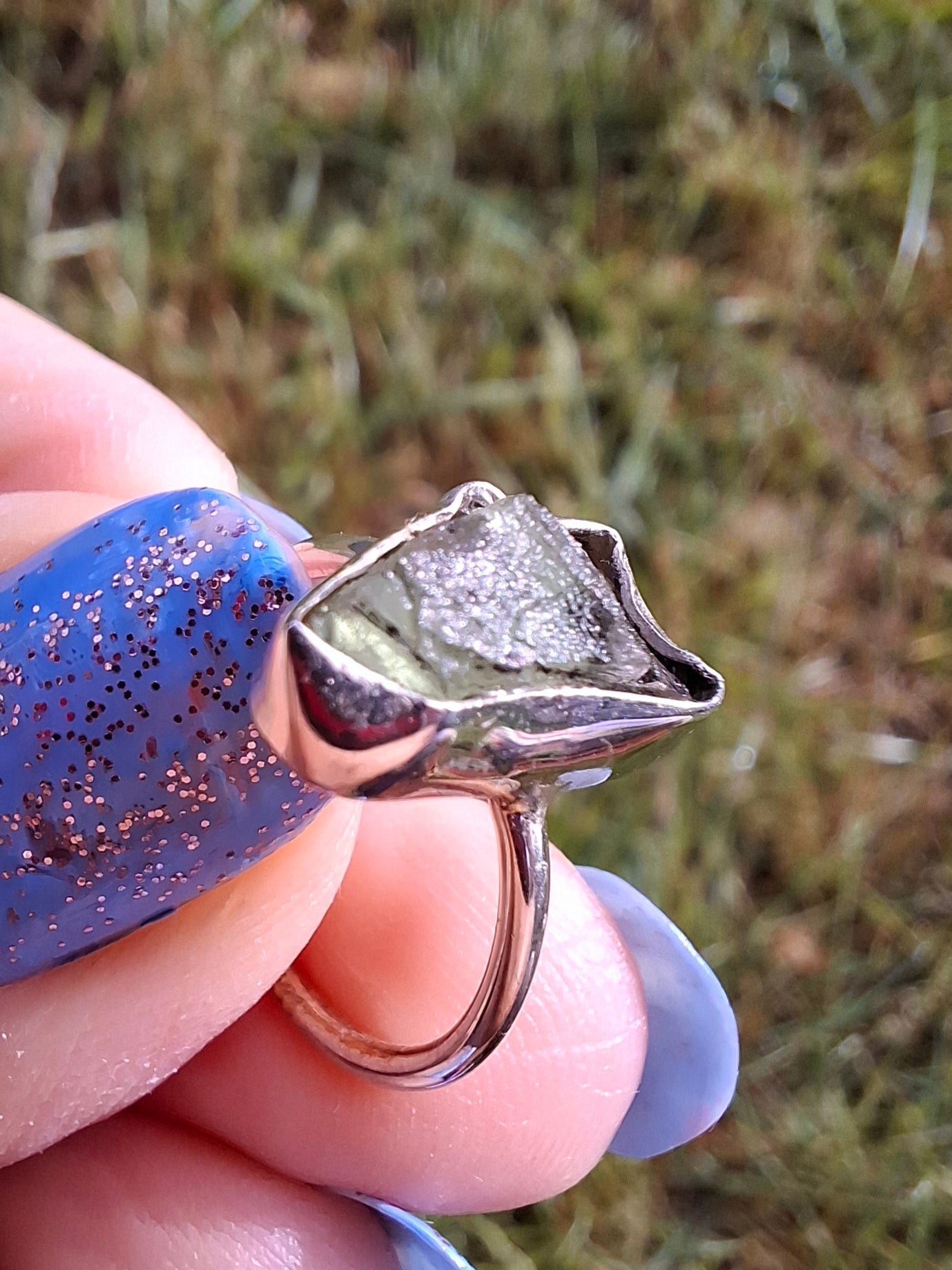 Moldavite Ring, size large G/small H, 925 Silver, Tektite (Ref: R19)