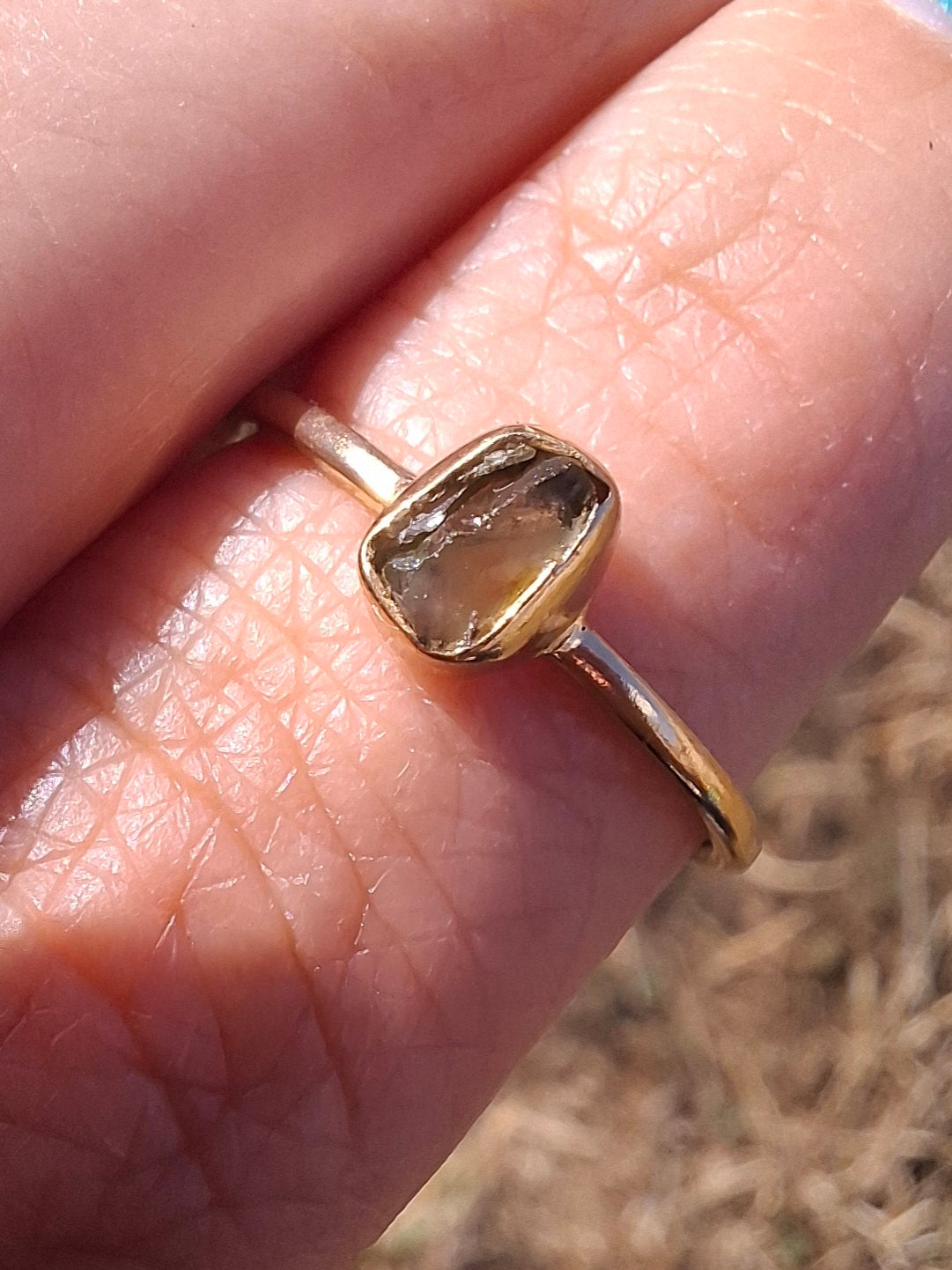 Moldavite Ring, 14K GOLD Plated, size large M, Tektite (Ref: R337)