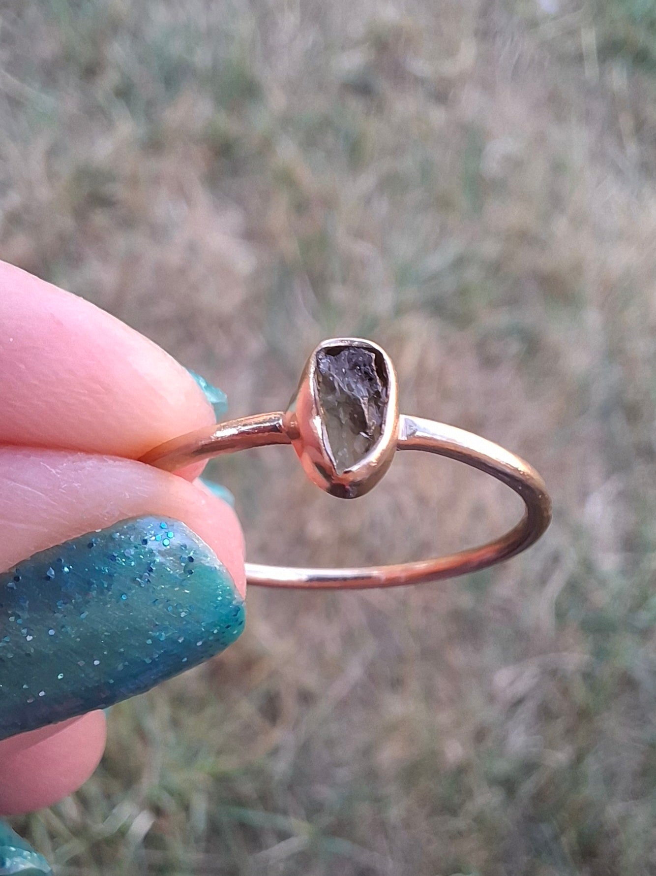 Moldavite Ring, 14K GOLD Plated, size large S, Tektite (Ref: R345)