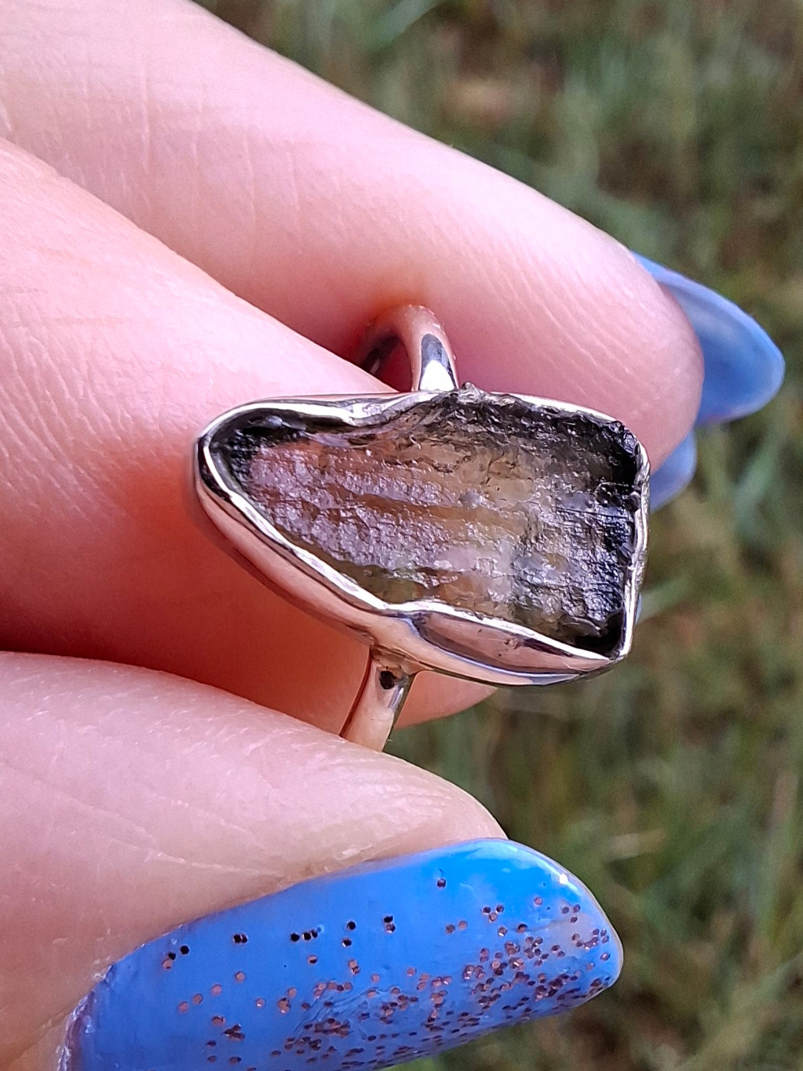 Moldavite Ring, size Large G, 925 Silver, Tektite (Ref: R18)
