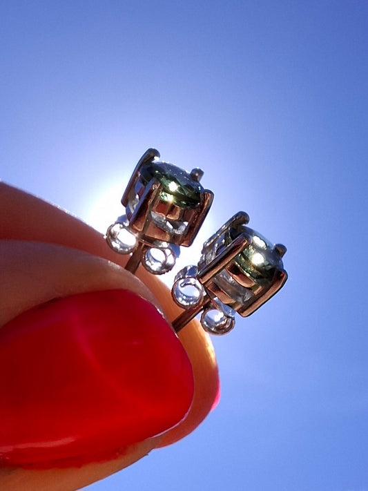 Moldavite (faceted) 5mm STUD EARRINGS, 925 Silver, Tektite (Ref: Pair17)