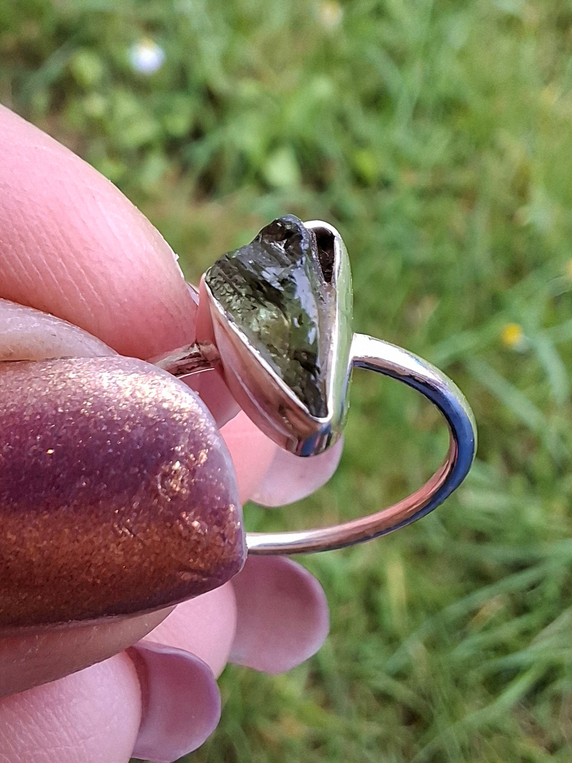 Moldavite Ring, size large K/small L, 925 Silver, Tektite (Ref: R57)