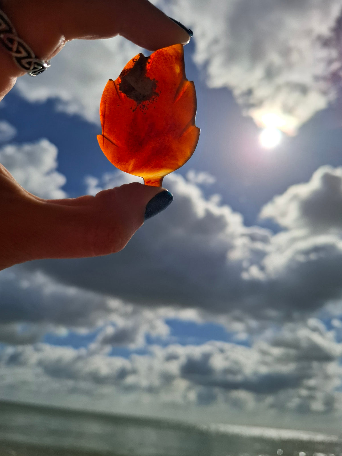 Red Amber Leaf Carving, 7.65g, Fossil (Ref: Leaf9)