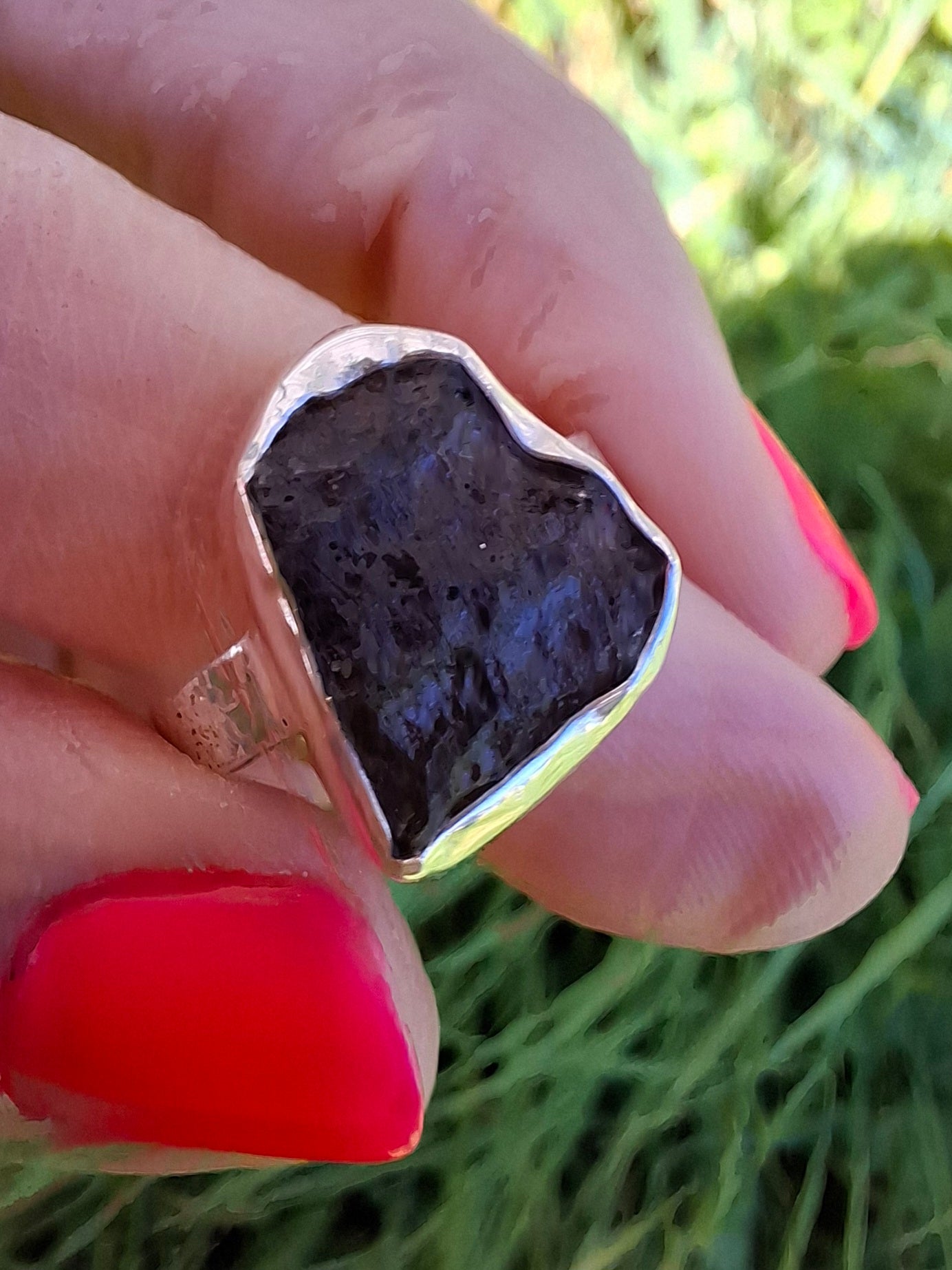 Moldavite Ring, size large M/small N, 925 Silver, Tektite (Ref: R309)