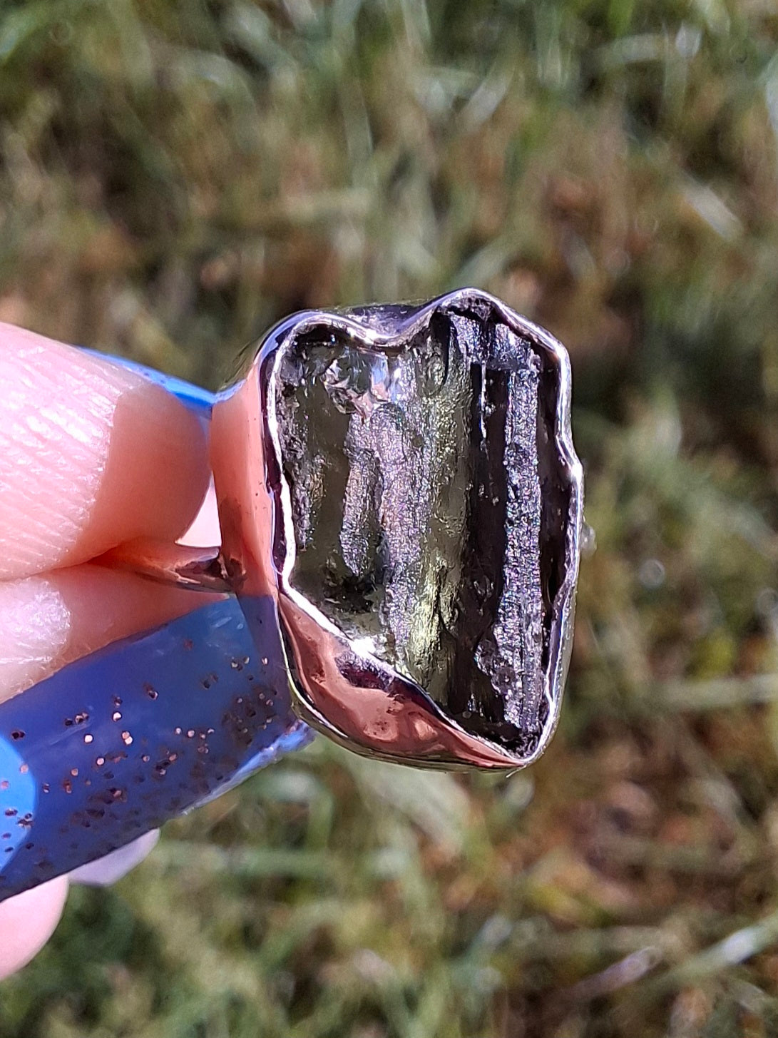 Moldavite Ring, size large N, 925 Silver, Tektite (Ref: R25)