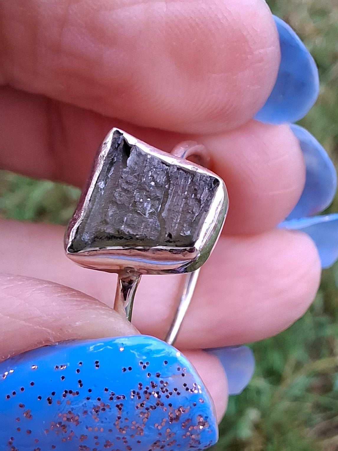 Moldavite Ring, size large P/small Q, 925 Silver, Tektite (Ref: R26)