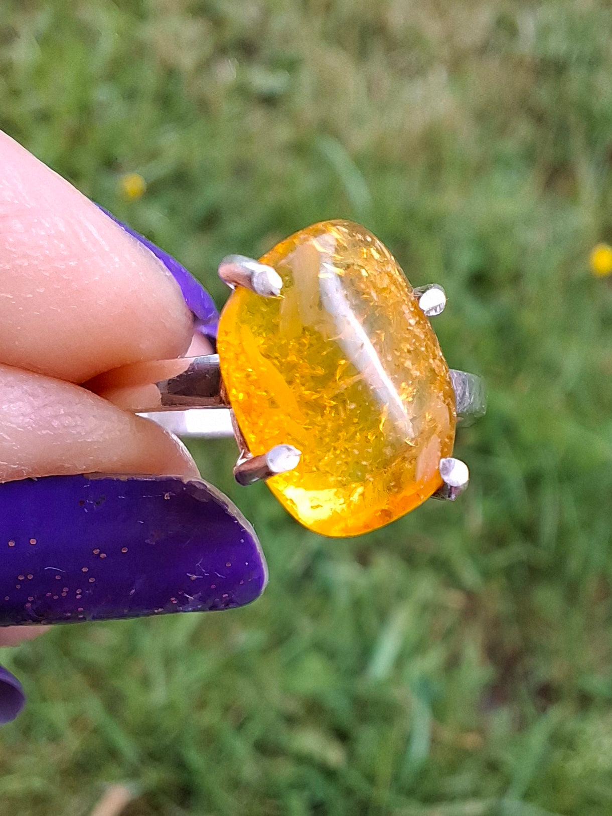 Baltic Amber Ring, size large O, 925 Silver, Fossil (Ref: AR12)