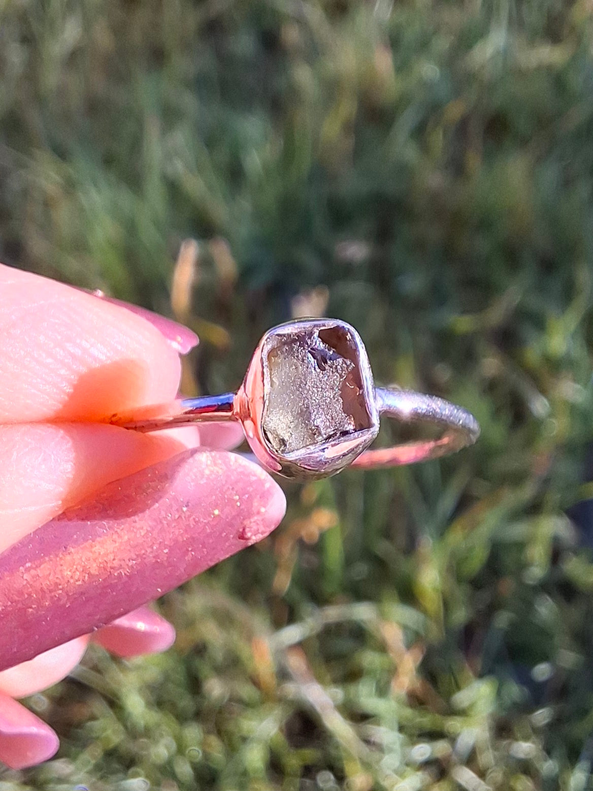 Moldavite Ring, size small Q, 925 Silver, Tektite (Ref: R44)