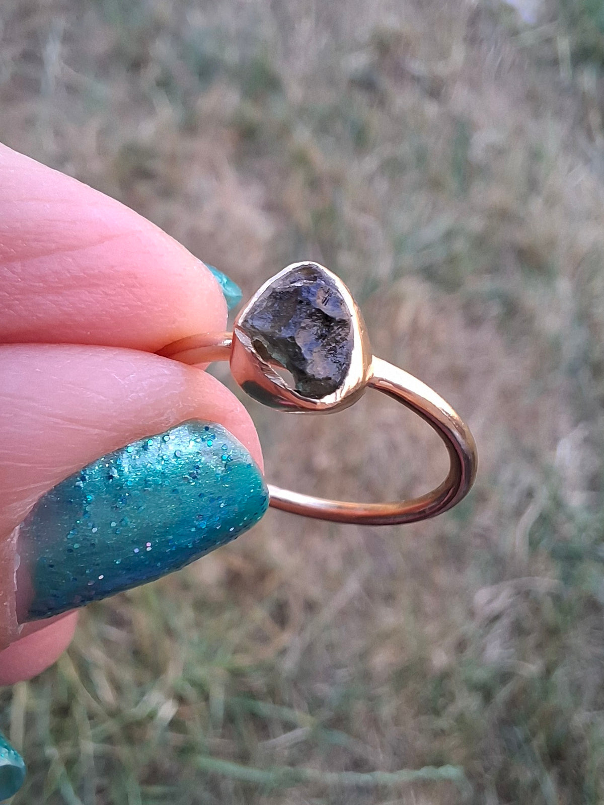 Moldavite Ring, 14K GOLD Plated, size large L, Tektite (Ref: R343)