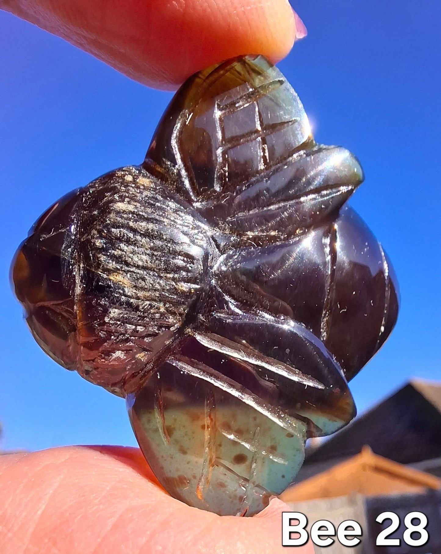 Red Amber Honey Bee Carving, 9.63g, Fossil (Ref: Bee28)