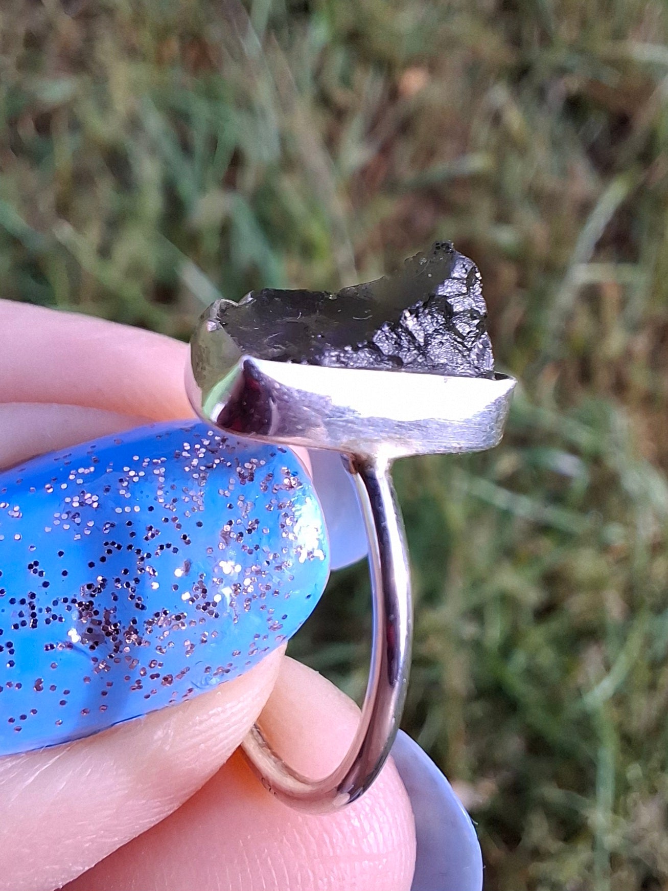 Moldavite Ring, size large J, 925 Silver, Tektite (Ref: R20)
