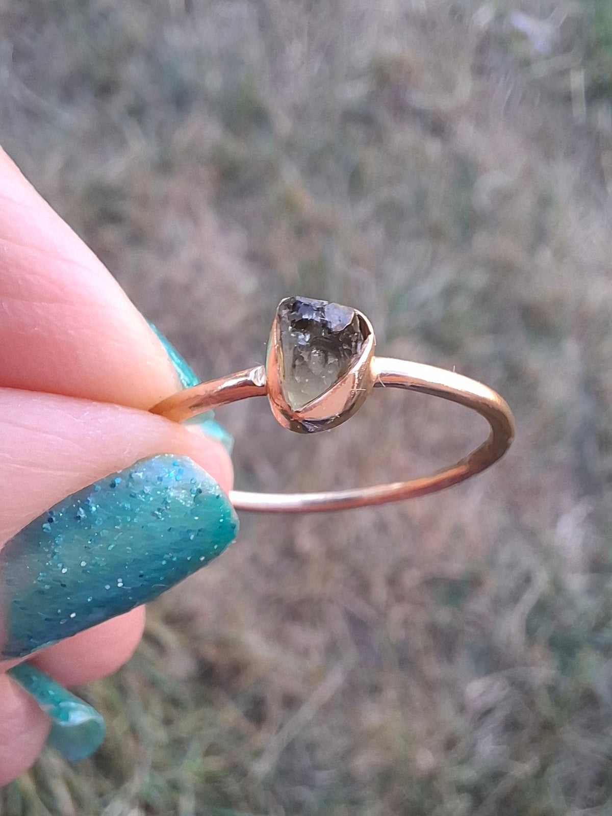 Moldavite Ring, 14K GOLD Plated, size large S / small T, Tektite (Ref: R352)