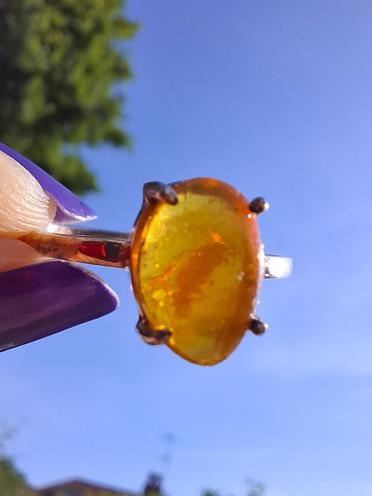 Baltic Amber Ring, size large Y, 925 Silver, Fossil (Ref: AR38)