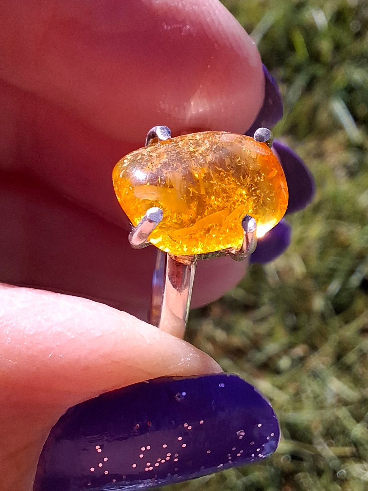 Baltic Amber Ring, size large O, 925 Silver, Fossil (Ref: AR12)