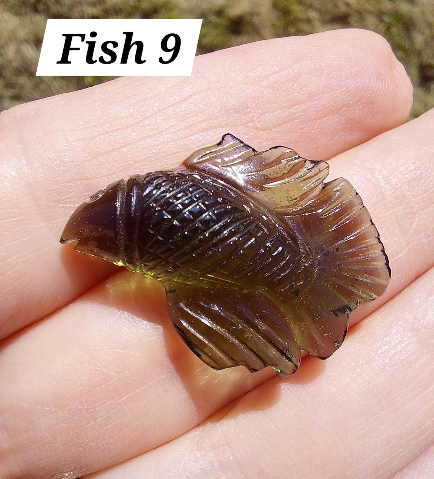 Moldavite FISH carving, (flat back), 3.29g, Tektite (Ref: Fish9)