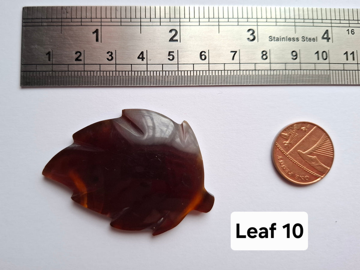 Red Amber Leaf Carving, 7.69g, Fossil (Ref: Leaf10)