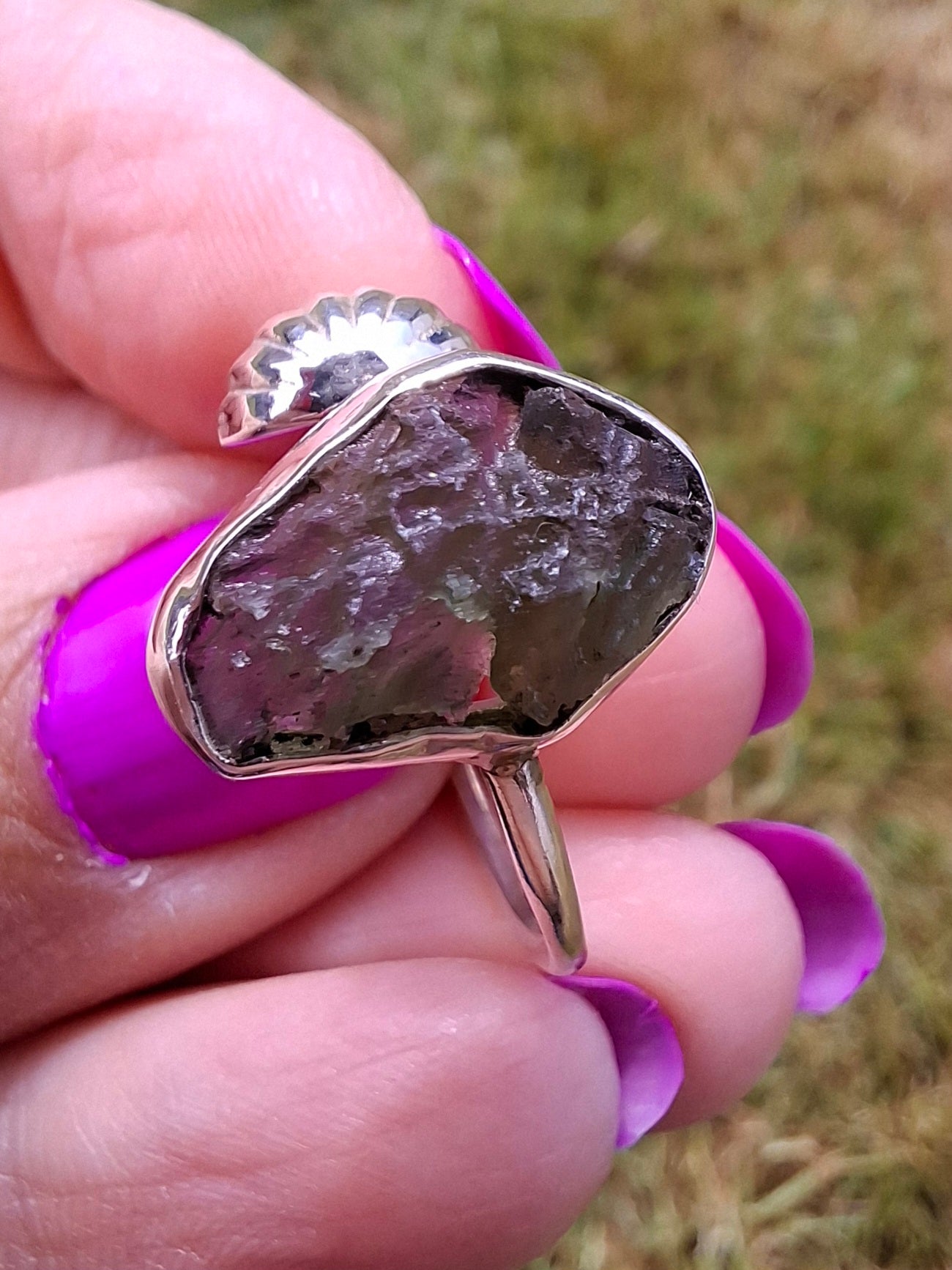 Moldavite ADJUSTABLE Ring, size large R, 925 Silver, Tektite (Ref: AR49)