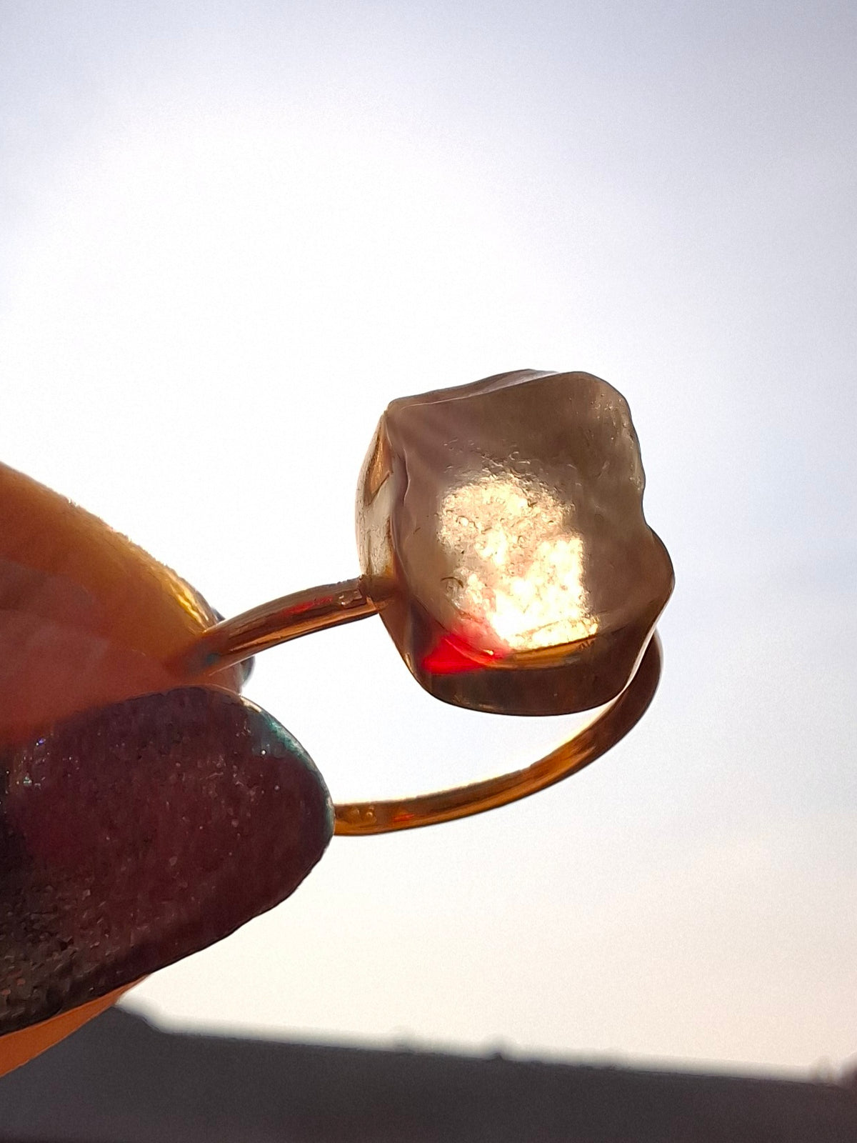 Libyan Desert Glass Ring, 14K GOLD Plated, size large N, Tektite (Ref: LR79)