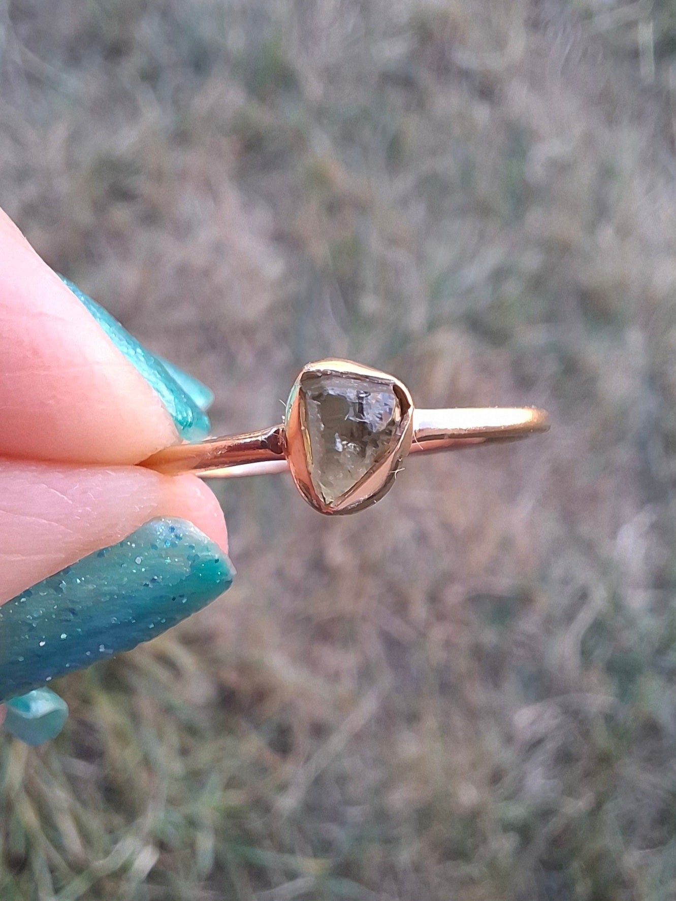 Moldavite Ring, 14K GOLD Plated, size large S / small T, Tektite (Ref: R352)